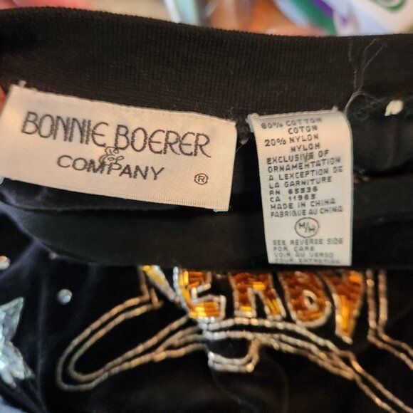 Vintage Bonnie Boerer 80s Black Sequin Velour Top Hollywood Club Graphic Medium - Picture 5 of 6